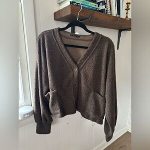 Final Touch Brown Teddy Sherpa balloon sleeve Button-Up Cardigan